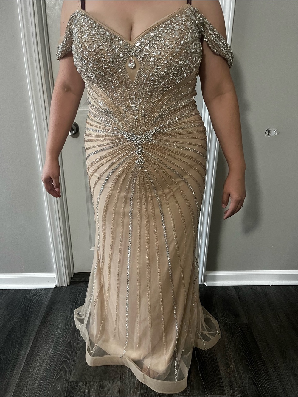 Beaded Off-Shoulder Evening Gown in Champagne